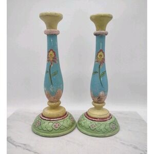 Pair of Vtg Pier 1 One Wooden Candlesticks Hand Painted Folk Art Distressed 12"